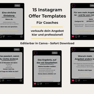 Könnte beinhalten: Werbung für 15 Instagram-Angebotvorlagen für Coaches. Die Vorlagen werden auf schwarzen Hintergründen mit weißem Text angezeigt und zeigen verschiedene angebotsbezogene Inhalte. Der Text enthält Sätze wie "Angebotvorlagen" und "in Canva bearbeiten".