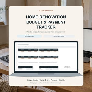 Könnte beinhalten: Eine digitale Vorlage für ein Budget- und Zahlungs-Tracking bei Hausrenovierungen mit dem Text CLEARFRAMELABS, HOME RENOVATION BUDGET & PAYMENT TRACKER, Plan the budget. Compare quotes. Track every payment., EDITABLE XLSX, QUICK START PDF, und Budget • Quotes • Change Orders • Payments • Materials.