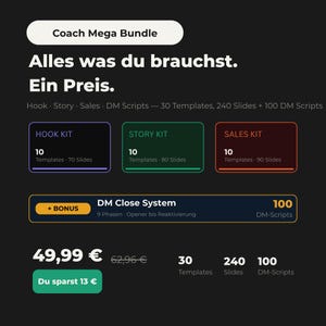 Instagram Canva Bundle | Coach Mega Bundle | 30 Templates, 240 Slides, 100 DM Scripts | Complete Package for German Coaches
