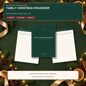 Könnte beinhalten: Ein druckbarer Familien-Weihnachtsplaner mit einem dunkelgrünen Einband, der den Text "FAMILY CHRISTMAS ORGANIZER" und "MORE TIME TOGETHER. LESS HOLIDAY MENTAL LOAD." enthält. Das Set umfasst 30 Seiten in A4 und US Letter, undatiert.