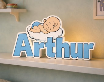 Personalized baby boy name night light, cloud-shaped LED lamp, perfect as a birth gift, remote control included, made in France