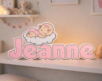 Baby girl's name LED night light on a cloud – personalized nursery lamp, birth gift, choice of design, remote control included