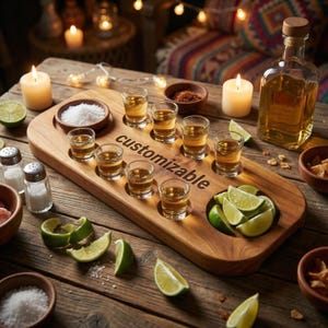 Op de afbeelding: Een houten shot serveerblad met het woord "customizable" erop gegraveerd. De lade bevat tien shotglaasjes gevuld met een gouden vloeistof, een klein bakje zout en een gedeelte met limoenpartjes. Een fles drank en kaarsen staan op de achtergrond.