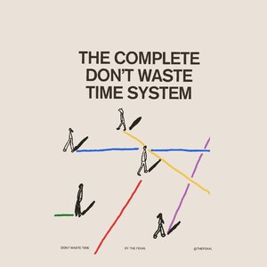 Könnte beinhalten: Ein beiger Grafikdruck mit dem Text "THE COMPLETE DON'T WASTE TIME SYSTEM". Das Bild zeigt Strichmännchen, die auf farbigen Linien gehen, mit den Sätzen "DONT WASTE TIME" und "BY THE PENAL" am unteren Rand.