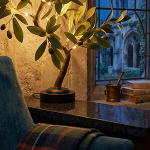 May include: An olive tree lamp with green leaves and small lights. The lamp has a dark brown trunk and sits on a black base. The lamp is on a dark countertop next to a window with a view of a building.