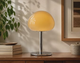 Lampada da tavolo a forma di fungo in vetro color crema, 34 cm, dimmerabile, stile Mid-Century.