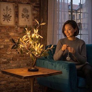 May include: A decorative olive tree lamp with green leaves and small lights sits on a wooden table. The lamp has a dark brown base and a naturalistic design. The background features a brick wall and botanical prints.