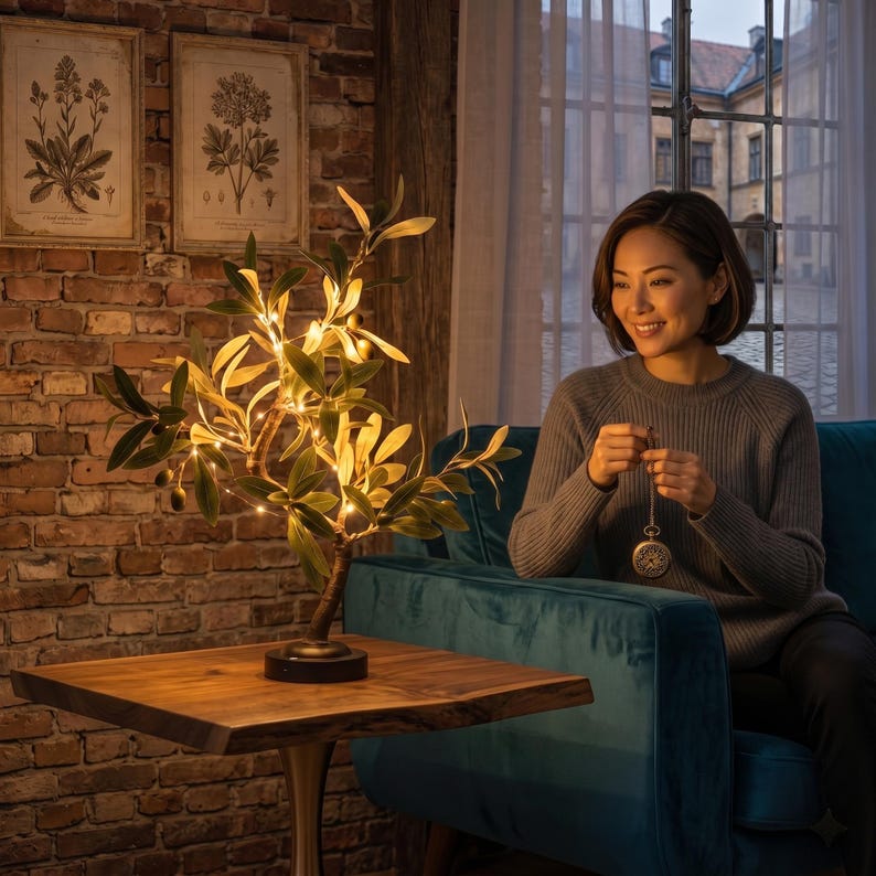 May include: A decorative olive tree lamp with green leaves and small lights sits on a wooden table. The lamp has a dark brown base and a naturalistic design. The background features a brick wall and botanical prints.