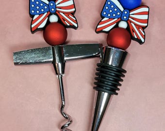 Patriotic Bow Wine Stopper & Corkscrew Set | Red White Blue Wine Gift | 4th of July Bar Accessory