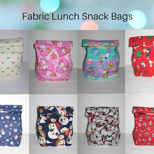 Fabric Lunch Snack Bags - Conversation Hearts, The Peanuts Snoopy Collection, Christmas Snowman, Dalmatian Dogs, and Birdhouses