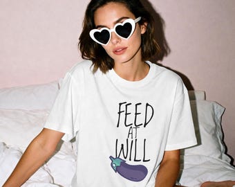 Feed At Will eggplant tee | punny vegetable graphic shirt