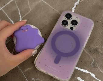 Soporte y agarre para teléfono Ditto morado adorable / Accesorio estético 3D blandito para teléfono / Agarre de monstruo kawaii