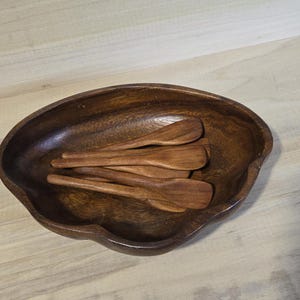 Pode incluir: Uma tigela de madeira castanha escura com uma forma org&acirc;nica, cheia de v&aacute;rias colheres pequenas de madeira. As colheres e a tigela t&ecirc;m um tom quente, sugerindo um acabamento de madeira natural. As colheres t&ecirc;m cerca de 15 cm de comprimento.