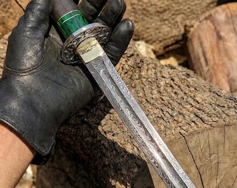 Espada corta Tanto de acero de Damasco hecha a mano con empuñadura de Micarta y funda de cuero. Regalo ideal para coleccionistas.