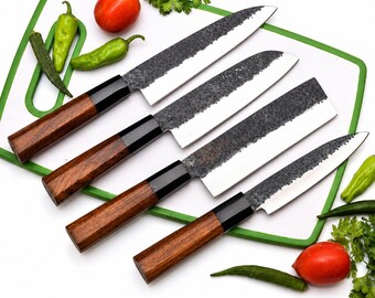 Handgefertigtes Kochmesserset aus Kohlenstoffstahl, Holzgriff, Lederetui, professionelle Küchenmesser, Jahrestagsgeschenk, Geschenk für ihn