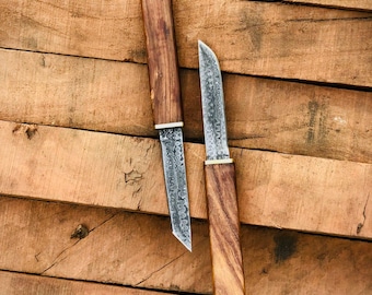 Coltello doppio Tanto in acciaio di Damasco fatto a mano, manico in palissandro, lama in stile giapponese