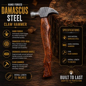 Puede incluir: Un martillo de uña forjado a mano con una cabeza de acero de Damasco ondulado y un mango de madera de fresno grabado. La herramienta tiene una longitud total de 38,1 cm. El texto en la imagen incluye Hand Forged Damascus Steel Claw Hammer.