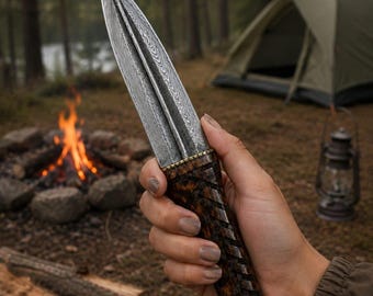 Custom Handmade Damascus Steel Dagger Engrave Knife, Rosewood handle leather sheath Double Edge Best Personalized Gift