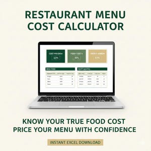以下が含まれることがあります： レストランのメニュー原価計算機を表示するラップトップ。画面には、料理ごとのコスト、食品コスト、利益率の割合が表示されます。上部のテキストは「レストランメニュー原価計算機」と表示されています。下部のテキストは「あなたの本当の食品コストを知ってください」と表示されています。