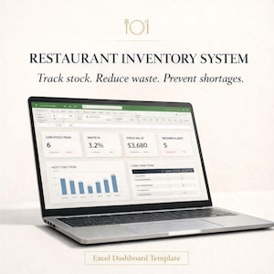 May include: A silver laptop displays a restaurant inventory system dashboard. The screen shows data on low stock items, waste percentage, stock value, and reorder alerts. Text at the top reads "RESTAURANT INVENTORY SYSTEM". The bottom text says "Excel Dashboard Template".