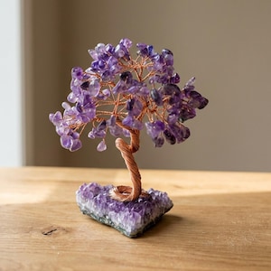 Amethyst Kristall Bonsai Baum | Kupferdraht Skulptur, Geode Basis