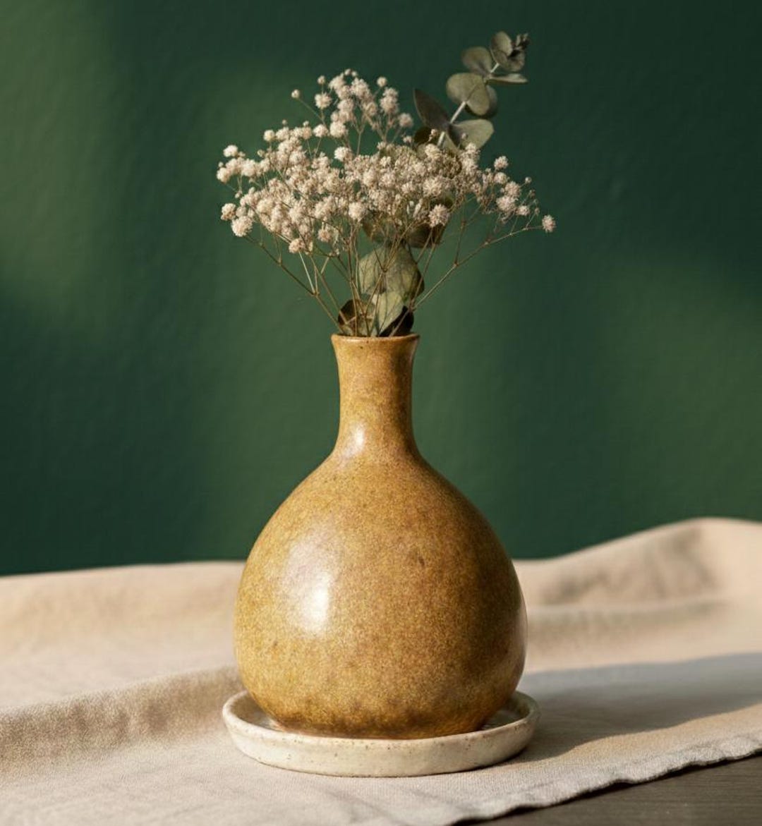 Handmade Mustard Ceramic Bud Vase With Saucer | Ochre Speckled Pottery ...