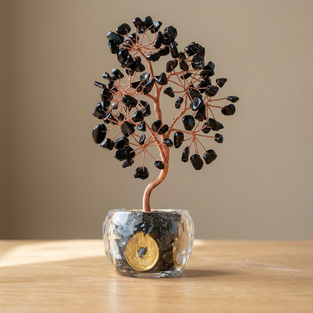 Mini Obsidian Crystal Tree, Copper Bonsai Sculpture, Root Chakra ...