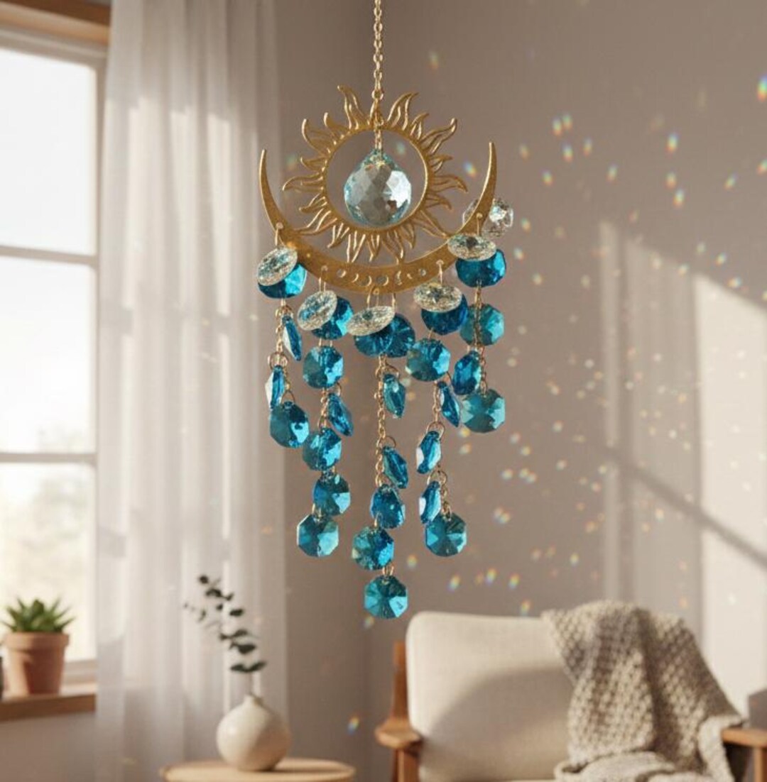 Sun Moon Crystal Suncatcher | Gold Celestial Rainbow Prism - Etsy