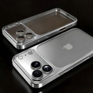 Op de afbeelding: Twee zilveren telefoonhoesjes met een doorzichtige achterkant en een zilveren frame. De hoesjes hebben een camera-uitsparing met drie lenzen en een doorzichtig gedeelte voor het scherm. Het Apple-logo is zichtbaar op de achterkant van &eacute;&eacute;n hoesje.