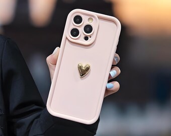 3D Gold Heart iPhone Case, Soft Silicone Shockproof Cover