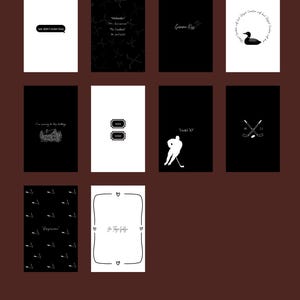 Puede incluir: Una colección de grabados artísticos en blanco y negro. Algunas impresiones presentan texto como "we didn't even kiss" y "Gimme Kiss". Otros diseños incluyen un somorgujo, un jugador de hockey y palos de hockey cruzados. Las impresiones están enmarcadas sobre un fondo marrón.