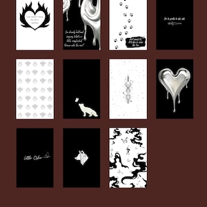 Puede incluir: Una colección de impresiones artísticas en blanco y negro con varios diseños. Algunas impresiones presentan texto, incluyendo citas y firmas de artistas. Otras impresiones muestran patrones abstractos, siluetas de animales y efectos metálicos goteantes.
