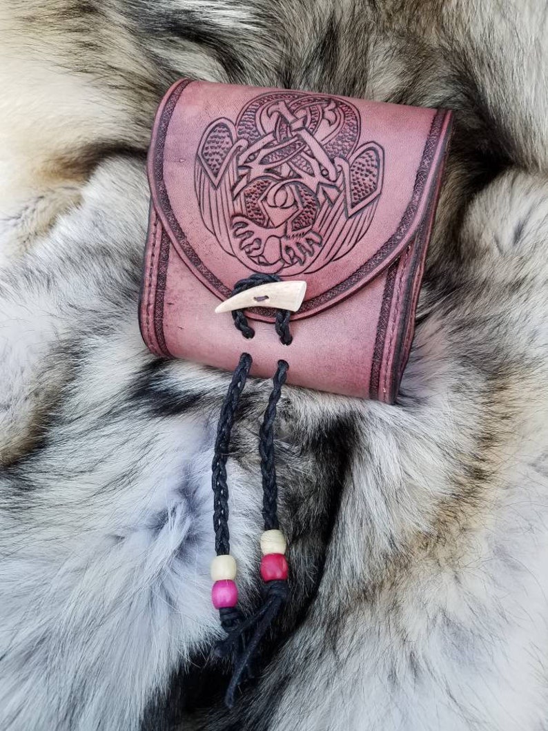 Leather pouch with entwined Celtic birds made to order