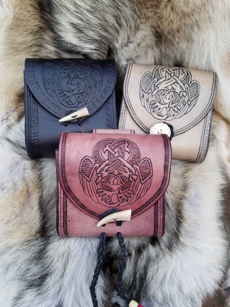 Leather pouch with entwined Celtic birds made to order
