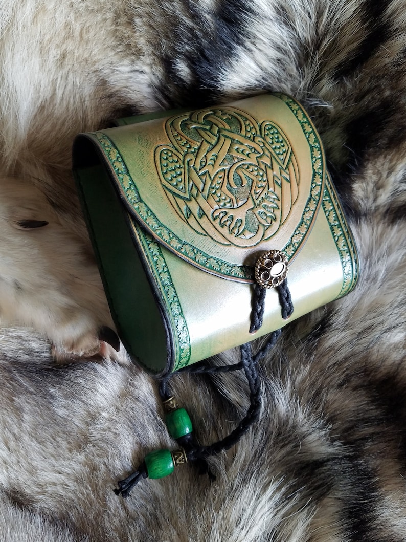 Leather pouch with entwined Celtic birds made to order