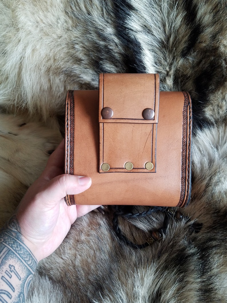 Leather pouch with entwined Celtic birds made to order