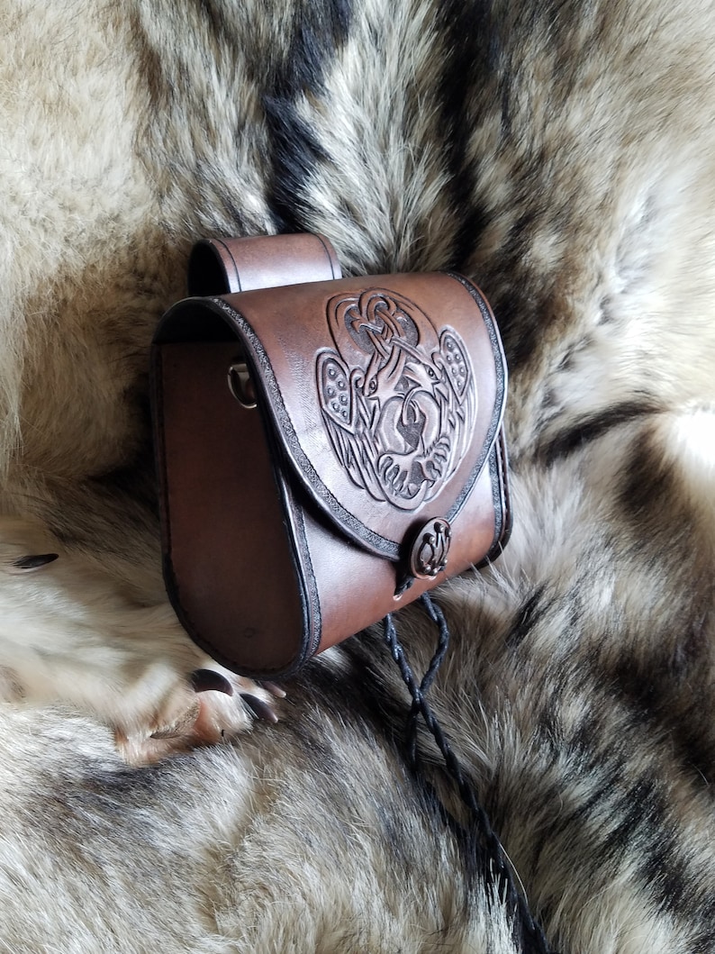 Leather pouch with entwined Celtic birds made to order