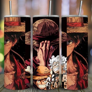 May include: A stainless steel tumbler featuring a vibrant anime-style illustration. The design showcases a character with a straw hat, red jacket, and the text "GEAR". The tumbler has a silver straw and a black background.