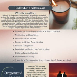 May include: A guide titled "Executor Duties Made Simple" with a lit candle in a glass. The guide covers immediate actions after death, notifications, legal steps, and financial management. The guide is from Organized Matters.