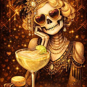 Puede incluir: Ilustración de una mujer esqueleto con un atuendo estilo flapper, con gafas de sol en forma de corazón y un tocado de plumas. Sostiene una copa de cóctel en forma de corazón con una rodaja de lima, con bombones y macarons cerca. El fondo es marrón con formas de corazón.