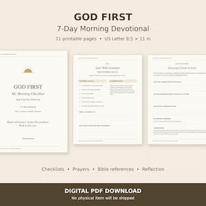 Op de afbeelding: Een 7-daagse ochtendgebed digitale PDF-download getiteld GOD FIRST. De set bevat 11 printbare pagina's in US Letter-formaat 21,59 x 27,94 cm, met checklists, gebeden, bijbelverwijzingen en reflectievragen op wit papier.