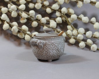 Ceramic Lidded Sugar Bowl - Salt Cellar - Honey Pot - Dark Stoneware - White Glaze - Thrown