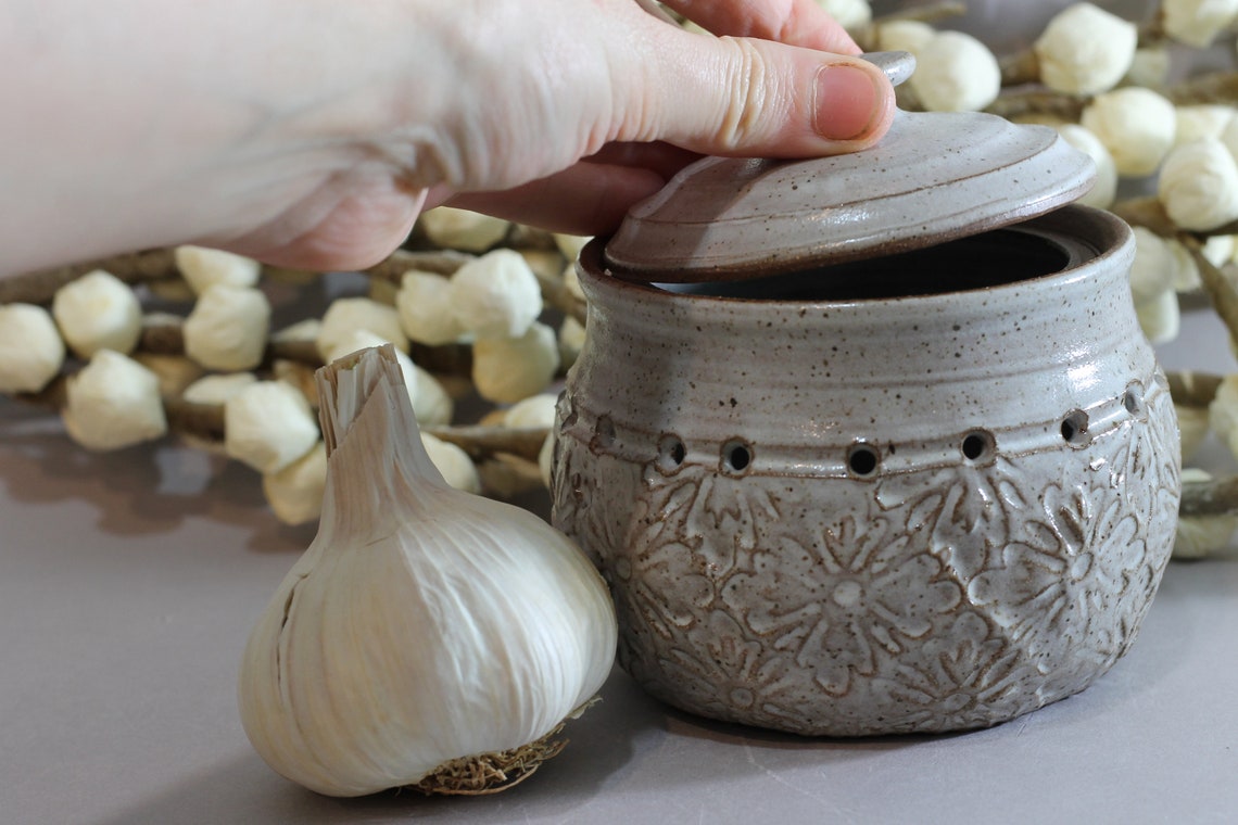 Ceramic Garlic Pot Garlic Keeper Dark Stoneware White Etsy