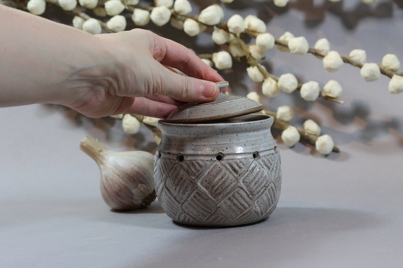 Ceramic Garlic Pot Garlic Keeper Dark Stoneware White Etsy