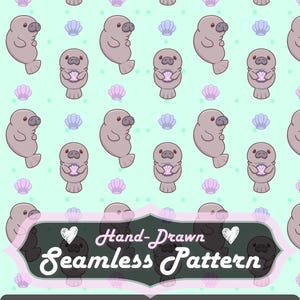 May include: A repeating pattern of cartoon manatees in grey, holding seashells, on a light teal backdrop with white dots. Pink and purple seashells are also included. The text "Hand-Drawn Seamless Pattern" is visible in the image.