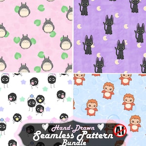May include: A seamless pattern bundle featuring four different designs. The patterns include cartoon characters on pink, purple, white, and blue backgrounds. The text "Hand-Drawn Seamless Pattern Bundle" is also present. Each pattern is 12x12 inches.