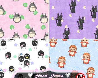 Ghibli Chibi Cartoon Pattern Bundle, Ponyo, Totoro, Soot Sprite, Jiji 300 dpi, PNG JPG (Digital Download)