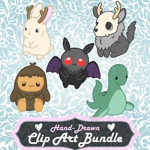 Pacchetto di immagini clipart di criptidi Kawaii - Mothman Bigfoot disegnati a mano, file PNG scaricabile immediatamente a 300 dpi