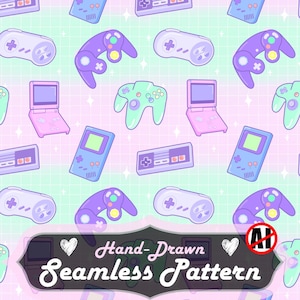 Könnte beinhalten: Ein handgezeichnetes nahtloses Muster mit verschiedenen pastellfarbenen Videospiel-Controllern und -Konsolen. Das Design umfasst lila, blaue und grüne Gamepads, Handheld-Konsolen und Retro-Controller auf einem hellgrünen und rosa Hintergrund.