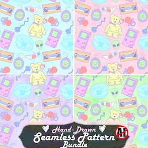 Peut inclure: Illustration numérique d'un ensemble de motifs sans couture avec des jouets et accessoires rétro. Le motif comprend un ours en peluche jaune, une console de jeu portable rose, un extraterrestre vert et une bouée bleue. Le texte indique "Hand-Drawn Seamless Pattern Bundle".